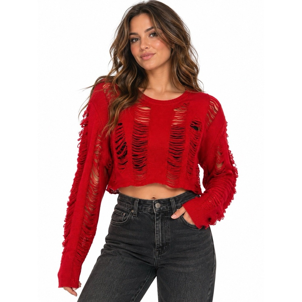 Social Collision Hot Topic Red Distressed Crop Sweater L Goth Grunge Punk Y2K